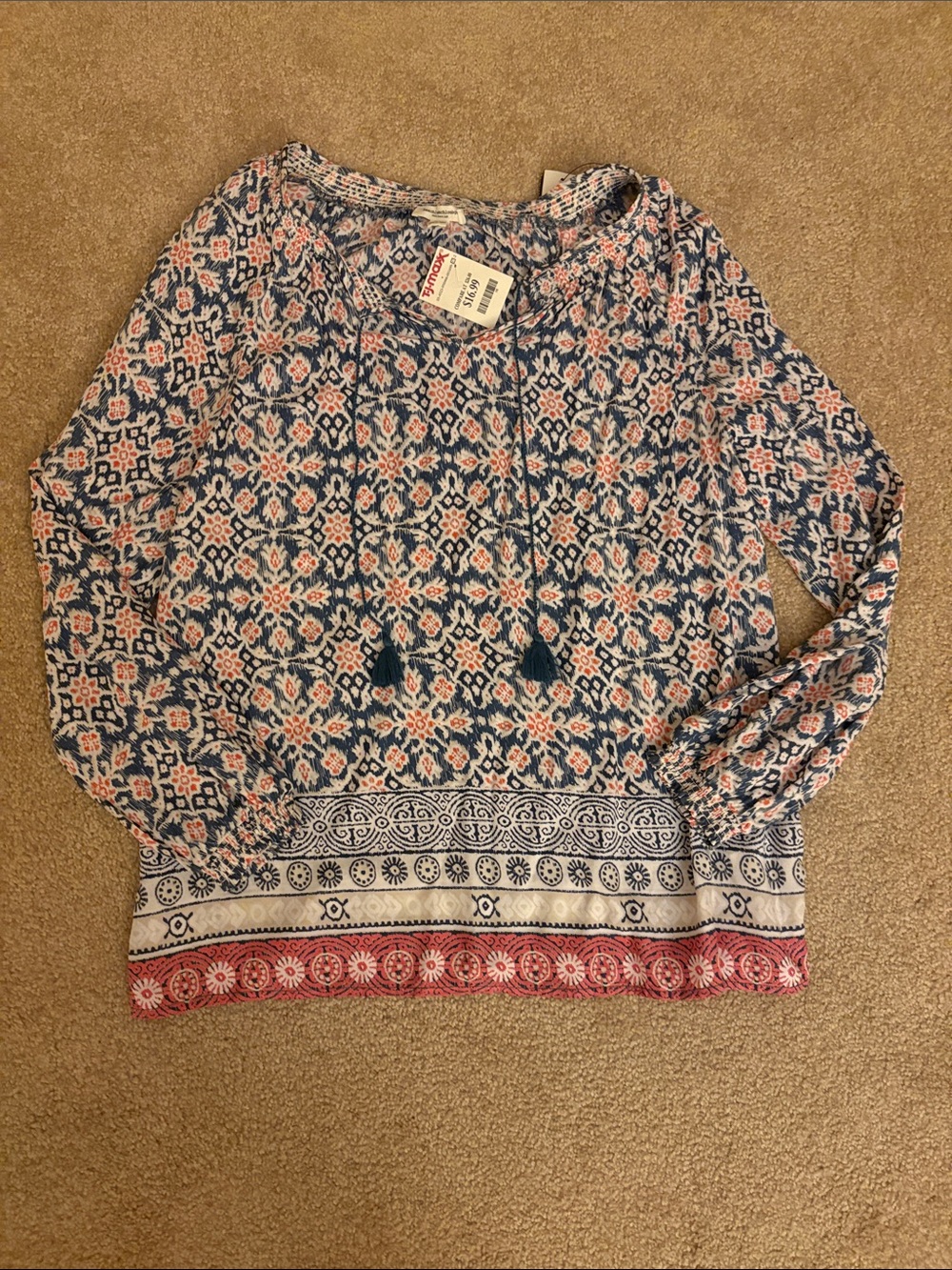 beachlunchlounge Navy Floral Print Peasant Tunic with Coral Trim